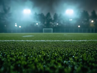 Nighttime Soccer Field with Artificial Lights and Fog Effect