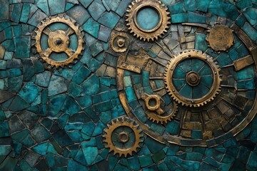 Obraz premium steampunk clockwork mosaic in deep teal and brass, intricate gears seamlessly interlocking with patina textures and metallic highlights