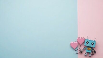 Obraz premium Cute Robot with Pink Hearts on Pastel Background