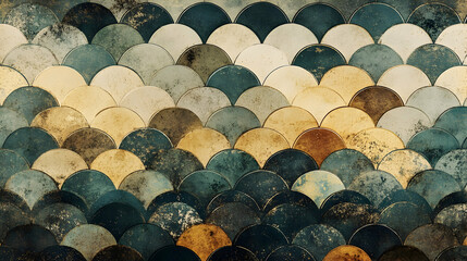 Obraz premium Antique Gold And Rust-Toned Scallop Pattern Featuring A Textured, Worn Effect And Repeating Geometric Shapes. Generative AI