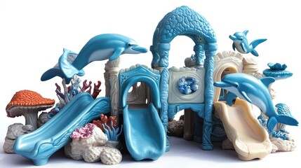 Ocean-themed playground slides, dolphins, white background