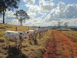 Obraz premium Herd of Dairy Cows Grazing Along Dusty Pathway Under Blue Sky and Fluffy White Clouds on a Sunny Afternoon in Rural Landscape
