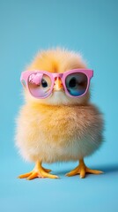 Fluffy yellow baby chicken stands confidently against a soft pastel backdrop, sporting cute pink sunglasses. Its charming presence brings a playful joy, making any viewer smile