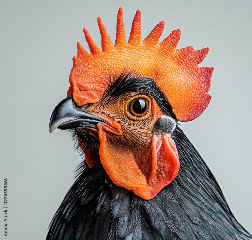 Poster majestic close-up portrait of a colorful chicken with dramatic orange crest showcasing intricate fea
