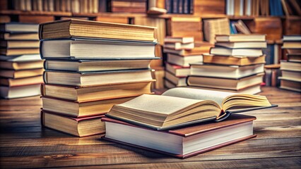 Stack of vintage books, realistic AI rendering.