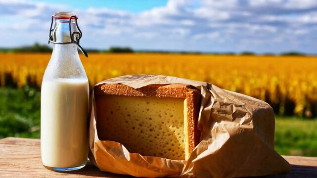Freshly harvested cheese and milk sit side by side on a wooden table. The vibrant yellow fields stretch into the horizon, under a bright sky, highlighting the joys of lactose farming in a rural area.