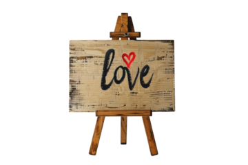 A rustic wooden easel with a heartfelt love sign on display in a simple, serene setting, capturing warmth and affection isolated on transparent background