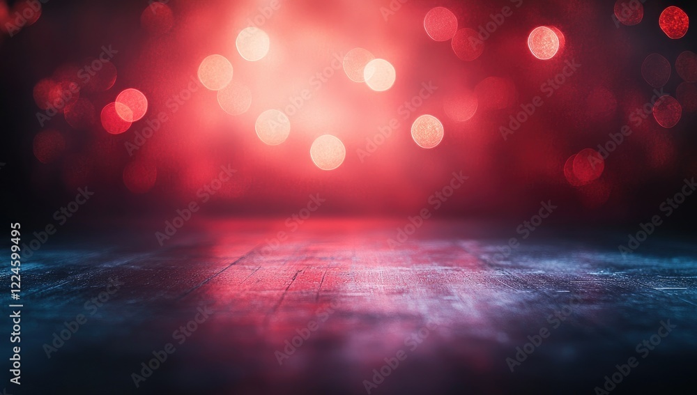 Aufkleber red and dark background with bokeh lights, empty table for product display, studio presentation, adv