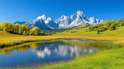 Tranquil Autumn Landscape with Snow Capped Mountains