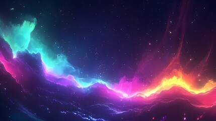 This image showcases a breathtaking cosmic scene reminiscent of a nebula. The colors transition smoothly from green and blue on the left to pink, purple, and orange on the right. Small, scattered star