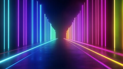 A vibrant and futuristic scene with a series of colorful neon lines creating a tunnel-like structure. The bright neon lights illuminate the dark background, creating a dynamic and eye-catching composi
