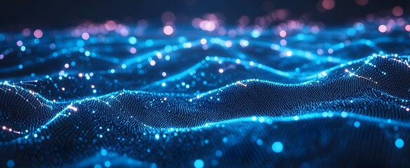 A mesmerizing abstract digital artwork depicting a swirling mass of glowing blue particles and lines against a dark background. The composition creates a sense of depth and dimension, evoking a futuri