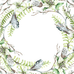 Spring frame of fern leaves, feather, twigs, willow branches and white hellebore flowers. Template hand painted with watercolor isolated on white background. Element for Easter decor