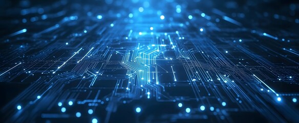  futuristic and abstract image depicting a complex network of glowing blue lines and nodes, reminiscent of a circuit board or a neural network. The image evokes a sense of innovation, technology 