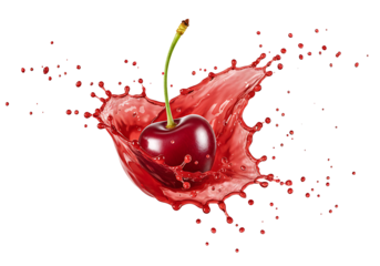 fresh ripe cherry with cherry juice splash isolated on transparent background