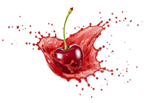 fresh ripe cherry with cherry juice splash isolated on transparent background
