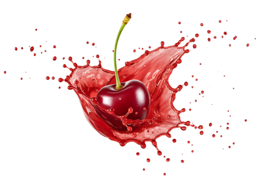 fresh ripe cherry with cherry juice splash isolated on transparent background - Powered by Adobe