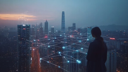 Abstract business woman stands on Smart digital Innovation city with connection network reciprocity over the twilight cityscape. of future wireless digital city and social media networking systems