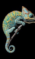 Fototapeta premium Colorful chameleon on branch, black background, nature photography, reptile portrait