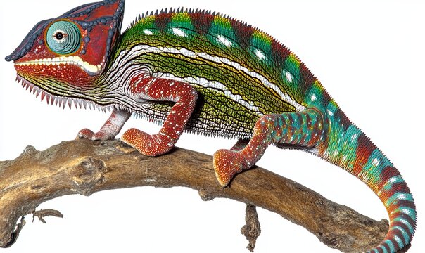 Colorful chameleon perched on a branch against a white background, ideal for educational or nature projects