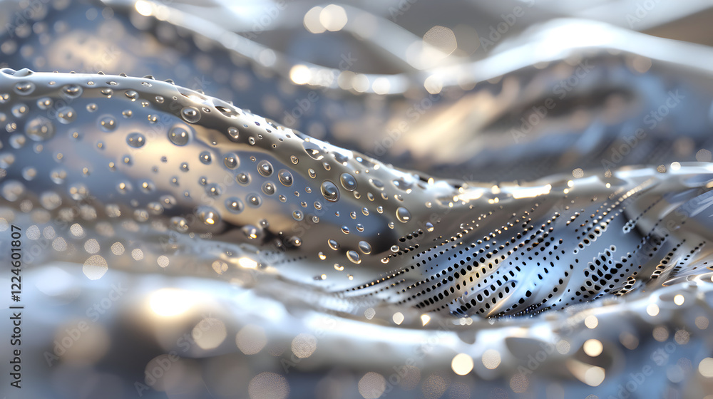 Poster abstract metallic waves with droplets creating a futuristic texture.