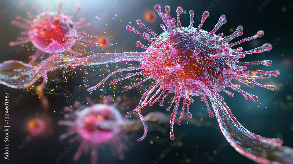 Poster colorful e. coli microbes with intricate structures and glowing details, showcasing their unique for