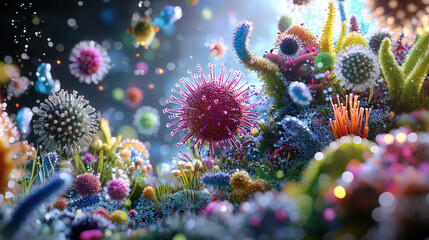 Obraz premium Colorful microbes and viruses in vibrant microscopic world, showcasing diverse shapes and textures, creating lively and dynamic scene