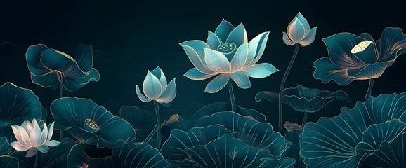 A serene and elegant illustration of lotus flowers in a dark teal and gold color palette. The delicate blooms and leaves create a sense of peace and tranquility, making it perfect for projects related
