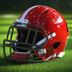 Red American Football Helmet on Green Grass Background