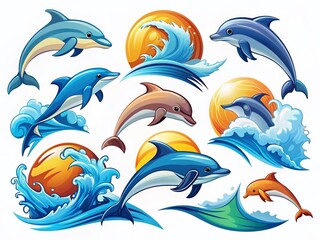 Naklejka premium Dolphin Emblem & Sea Wave Collection: High-Resolution Stock Photo - Isolated on White