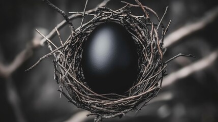 Dark Egg in a Rustic Bird Nest, Mysterious Still Life