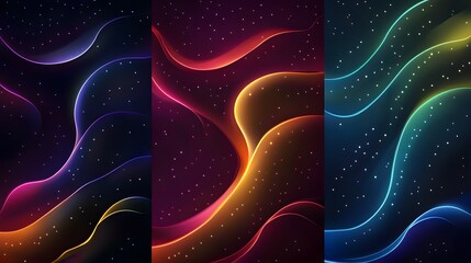 A mesmerizing collection of three abstract digital artworks featuring vibrant neon lines and glowing waves. Each image creates a sense of depth and dimension, evoking a futuristic