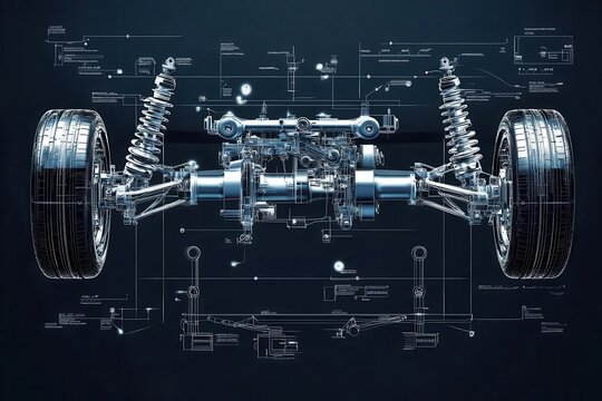 technical illustration of automotive suspension system with x-ray view, detailed mechanical components and engineering annotations