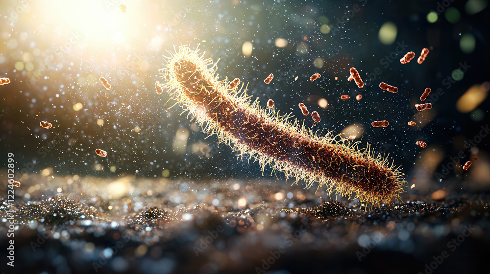 Poster e. coli microbes in dynamic environment with glowing particles and light