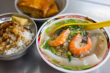 Taiwan braised pork rice with shrimp noodles