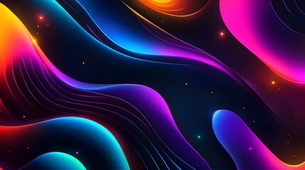 A mesmerizing abstract digital artwork featuring a vibrant interplay of neon lines and glowing waves. The composition creates a sense of depth and dimension, evoking a futuristic and cosmic atmosphere