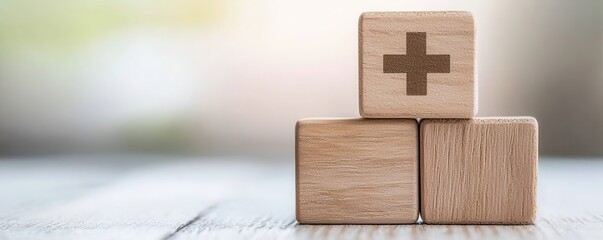 Wooden Blocks with Plus Sign on Neutral Background