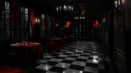 Fototapeta premium Dark Elegant Dining Hall with Red Drapes and Checkerboard Floor
