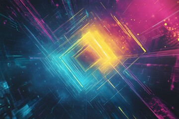 A mesmerizing abstract digital artwork featuring a vibrant interplay of neon lines and glowing squares. The composition creates a sense of depth and dimension, evoking a futuristic and cosmic atmosphe