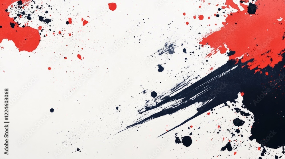 Poster abstract background with bold ink splatters in contrasting black and red on a white surface