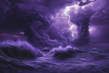 tempestuous ocean waves beneath swirling violet storm clouds, lightning strikes illuminating massive water spouts in apocalyptic scene