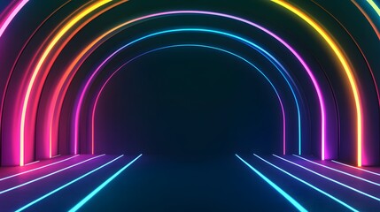 A vibrant and futuristic scene with a series of colorful neon arches creating a tunnel-like structure. The bright neon lights illuminate the dark background