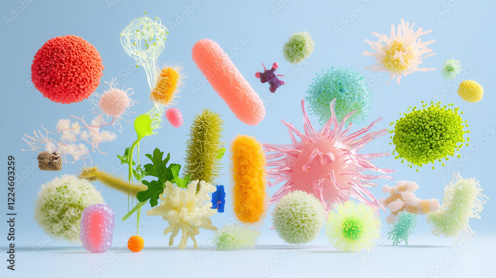 Poster colorful microbes and bacteria in various shapes and sizes against light blue background create vibr