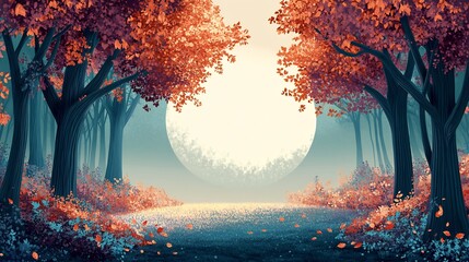 Serene autumn forest path glows softly under ethereal light. AI Generated