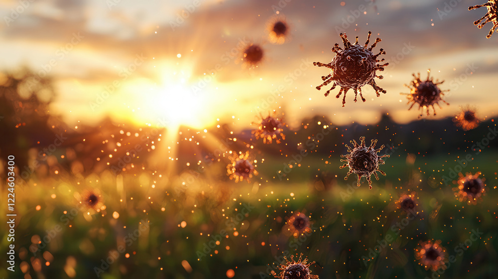 Poster microscopic e. coli microbes floating in sunlight over green field, creating vibrant and dynamic sce