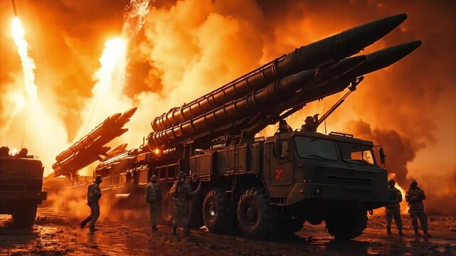 Military vehicles carrying multiple missile launchers lined up in rows, ready to fire into the sky, cinematic 4k