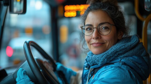 Bright urban bus ride with a skilled Latina bus driver in a lively city setting