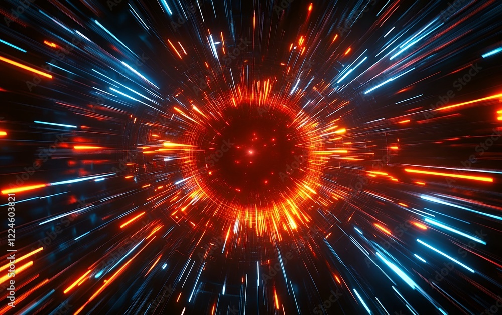 Poster dynamic explosion of red and blue light beams in a futuristic tunnel for sci-fi and tech concepts