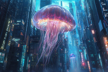 Bioluminescent blue jellyfish suspended in the air above a cyberpunk city with holographic lights.