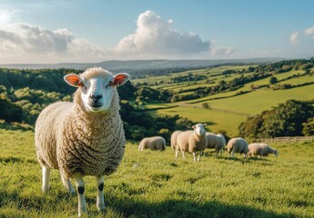 Fototapeta premium Picturesque Rural Landscape Featuring a Charming Sheep in Focus, Surrounded by Lush Green Fields and Rolling Hills Under a Bright Blue Sky